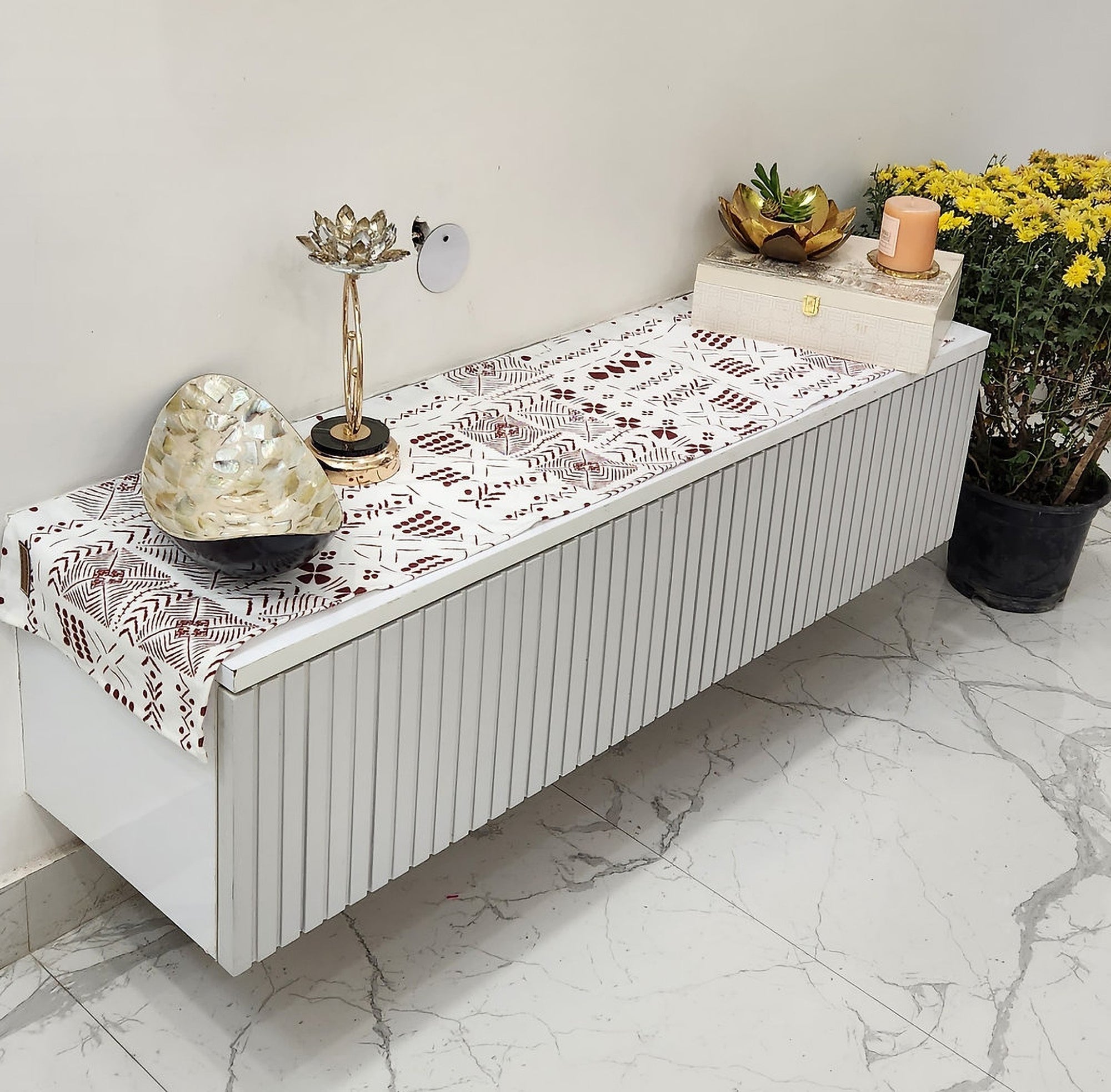White & Maroon Tribal Table Runner | Organic Linen |  Bohemian Style | 92-305cm