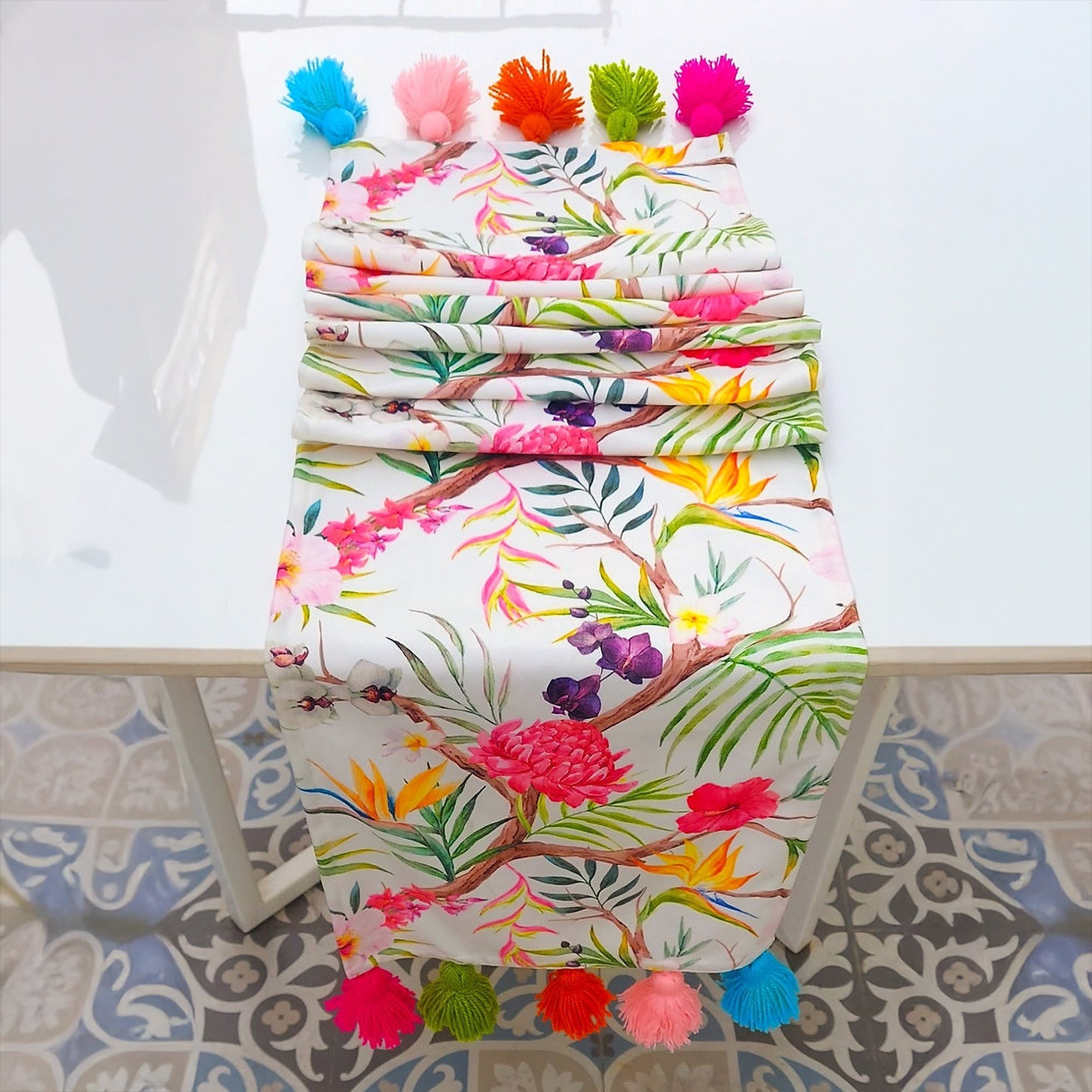 Tropical Floral Table Runner | Organic Linen | Multicolor Tassels | 92-305cm