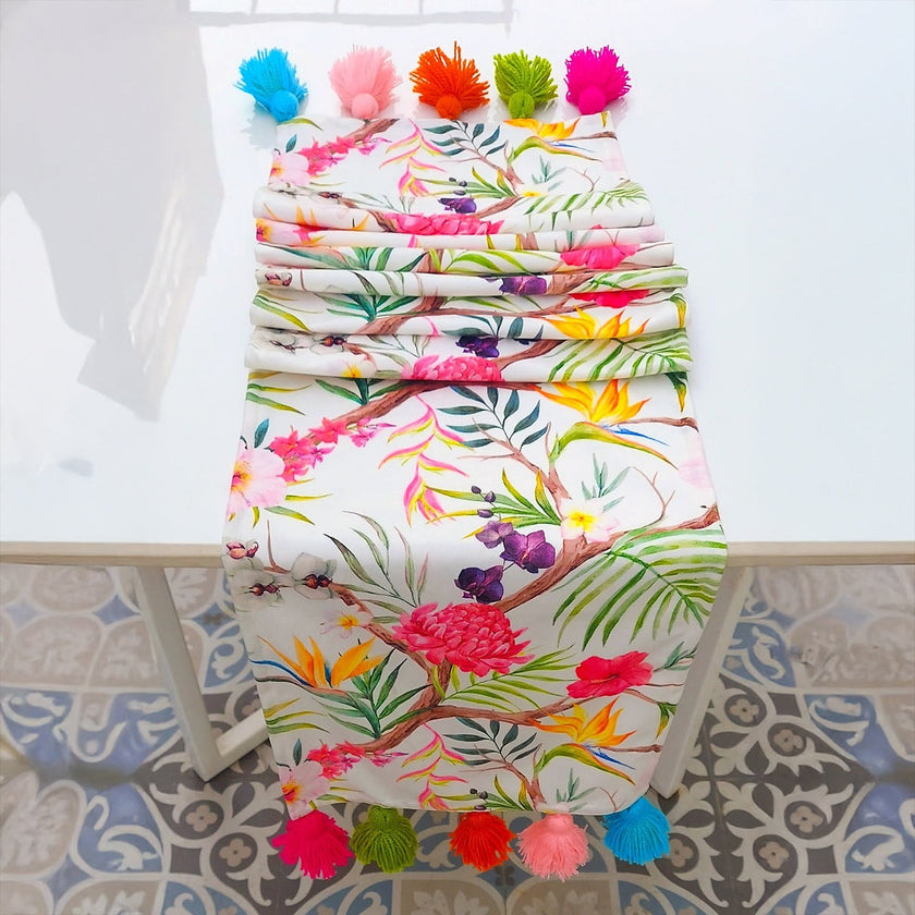 Tropical Floral Table Runner | Organic Linen | Multicolor Tassels | 92-305cm