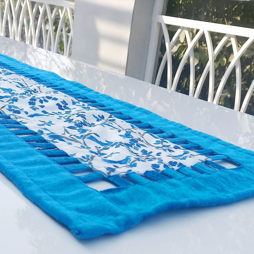 Blue & White Chinoiserie Table Runner | Organic Linen | Cutwork Design | 92-305cm