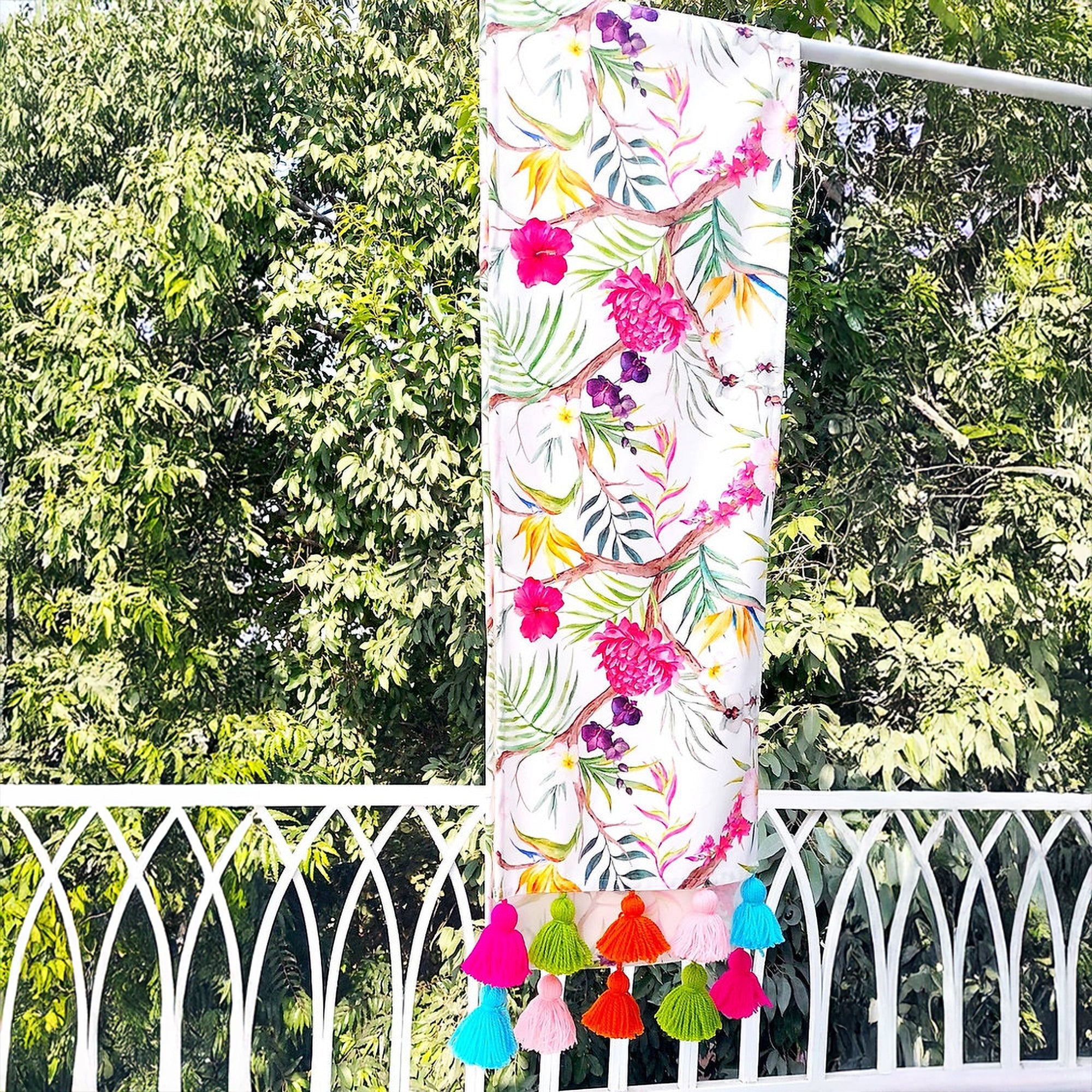 Tropical Floral Table Runner | Organic Linen | Multicolor Tassels | 92-305cm