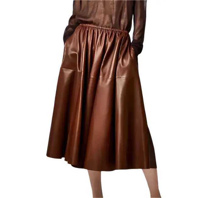 Women’s Brown Real Leather A-Line Flare Midi Skirt-1