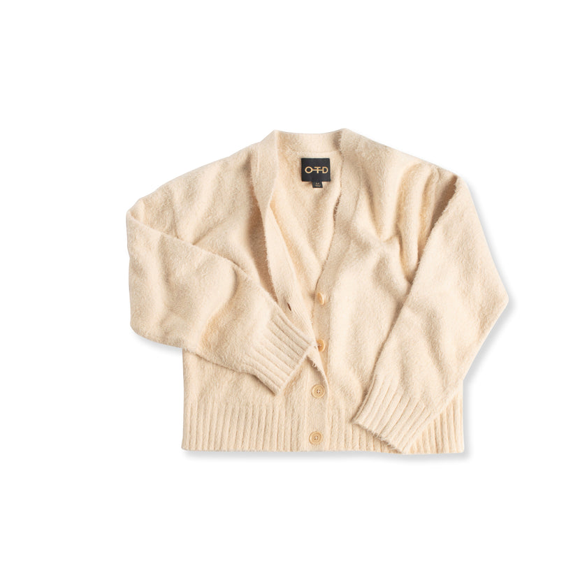 Brushed Teddy Cropped Cardigan Sweater (Ivory)-0