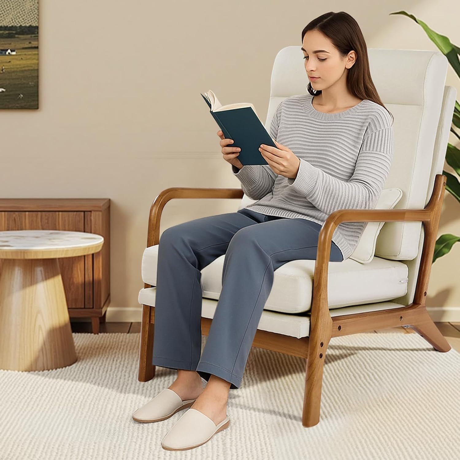 High Back Mid Century Modern Accent Chair Linen Fabric-1