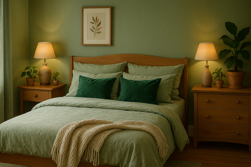 Cozy bedroom with green hues