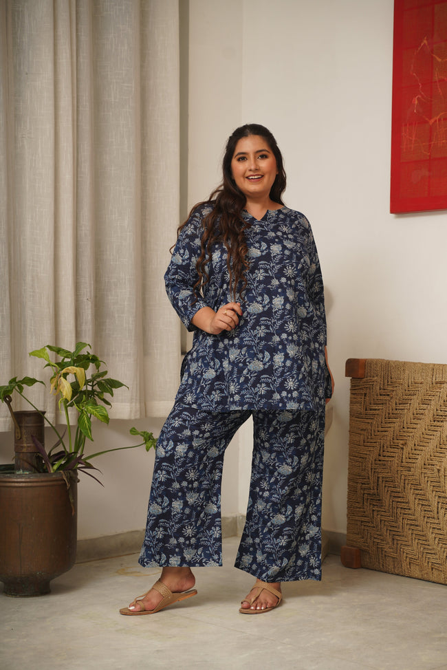 Navy Blue Floral Lounge Co-Ord Set-0