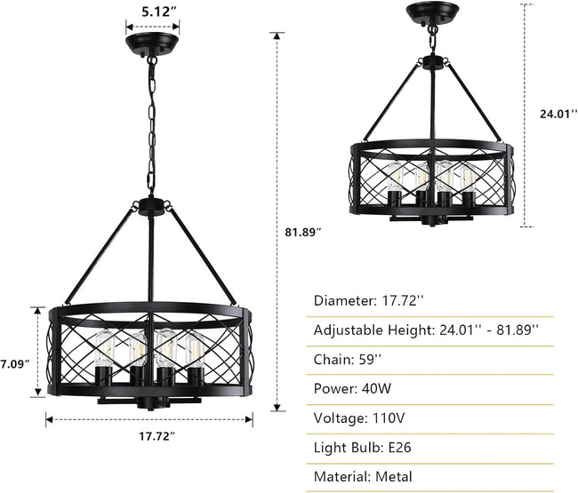 Black Industrial Chandelier 4 Light Drum Fixture Living Room-1
