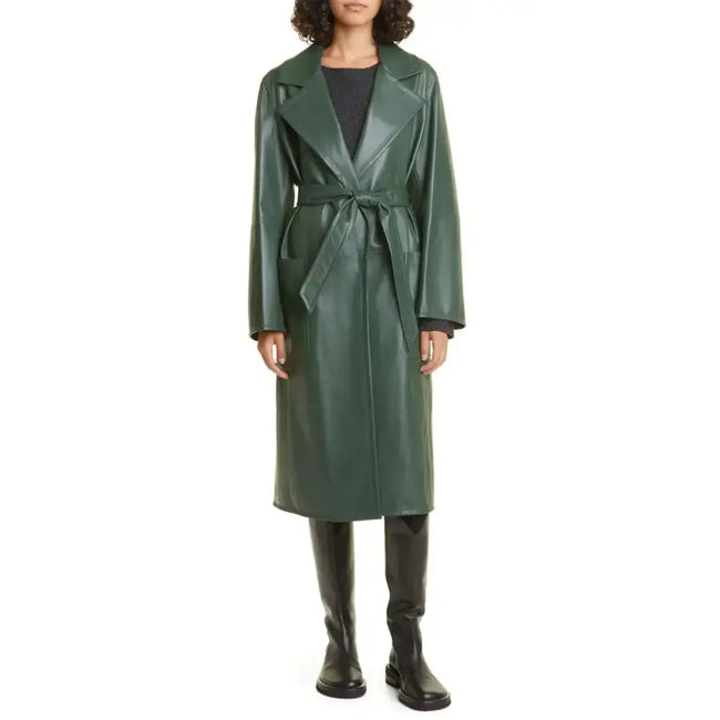 Women's Elegant Green Wrap Leather Coat-1