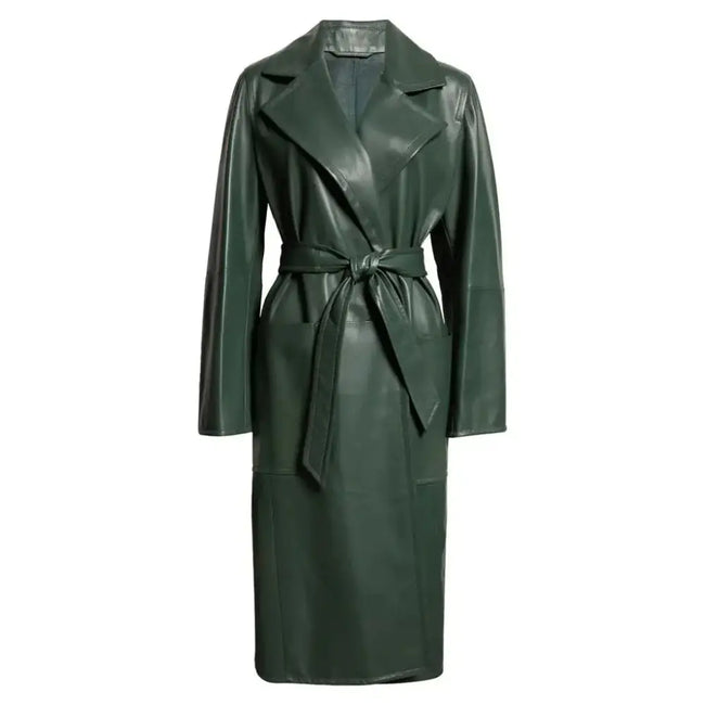 Women's Elegant Green Wrap Leather Coat-0