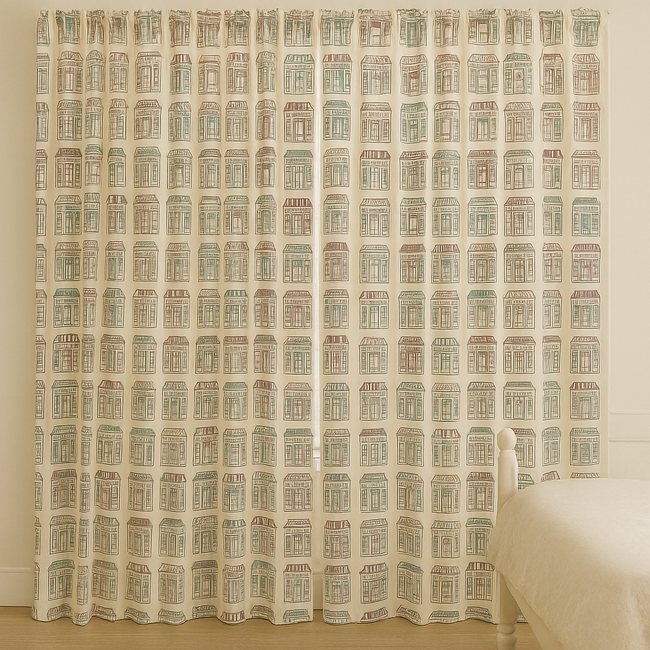 Sweet Shop Street Cotton Kids Curtains – Sketch Shopfront Print Drapes, Light-Filtering or 100 % Blackout | Made to Measure