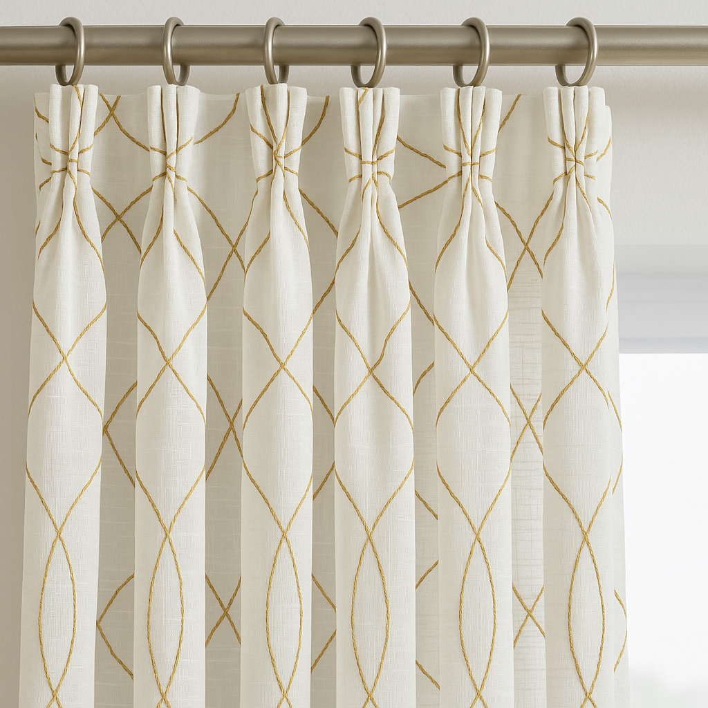 Pure Linen Sheer Curtains with Geometric Embroidered Lattice – Light Filtering Privacy Drapes – Custom Sizes – OEKO-TEX Certified