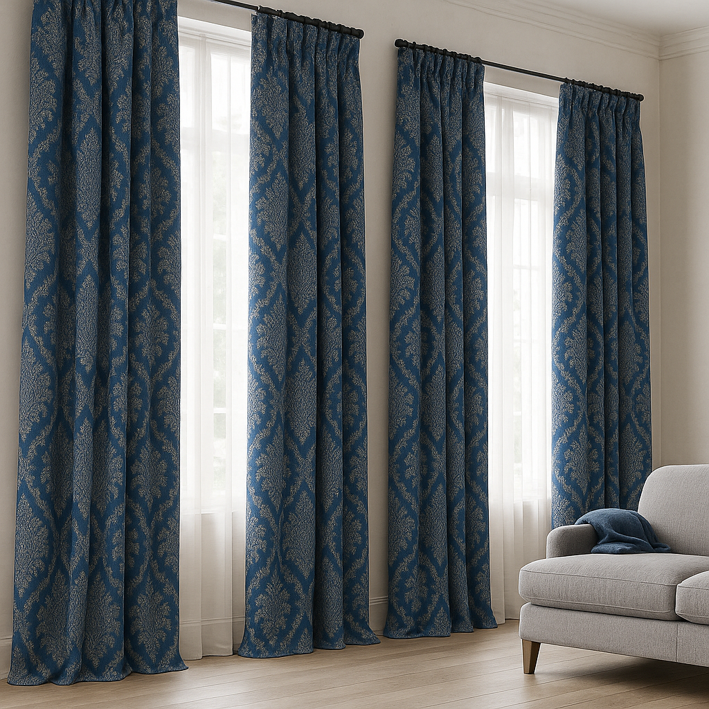 Luxury Linen Jacquard Curtains with Raised Damask Pattern – Custom Sizes, Blackout & Light-Filtering Liners