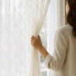 Pure Linen Sheer Curtains with Geometric Embroidered Lattice – Light Filtering Privacy Drapes – Custom Sizes – OEKO-TEX Certified