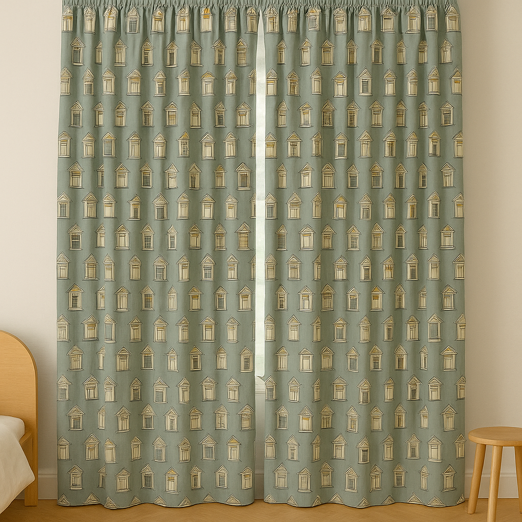 Window-Print Cotton Kids Curtains – Teal Architectural Drapes, Light-Filtering or 100 % Blackout | Made-to-Measure