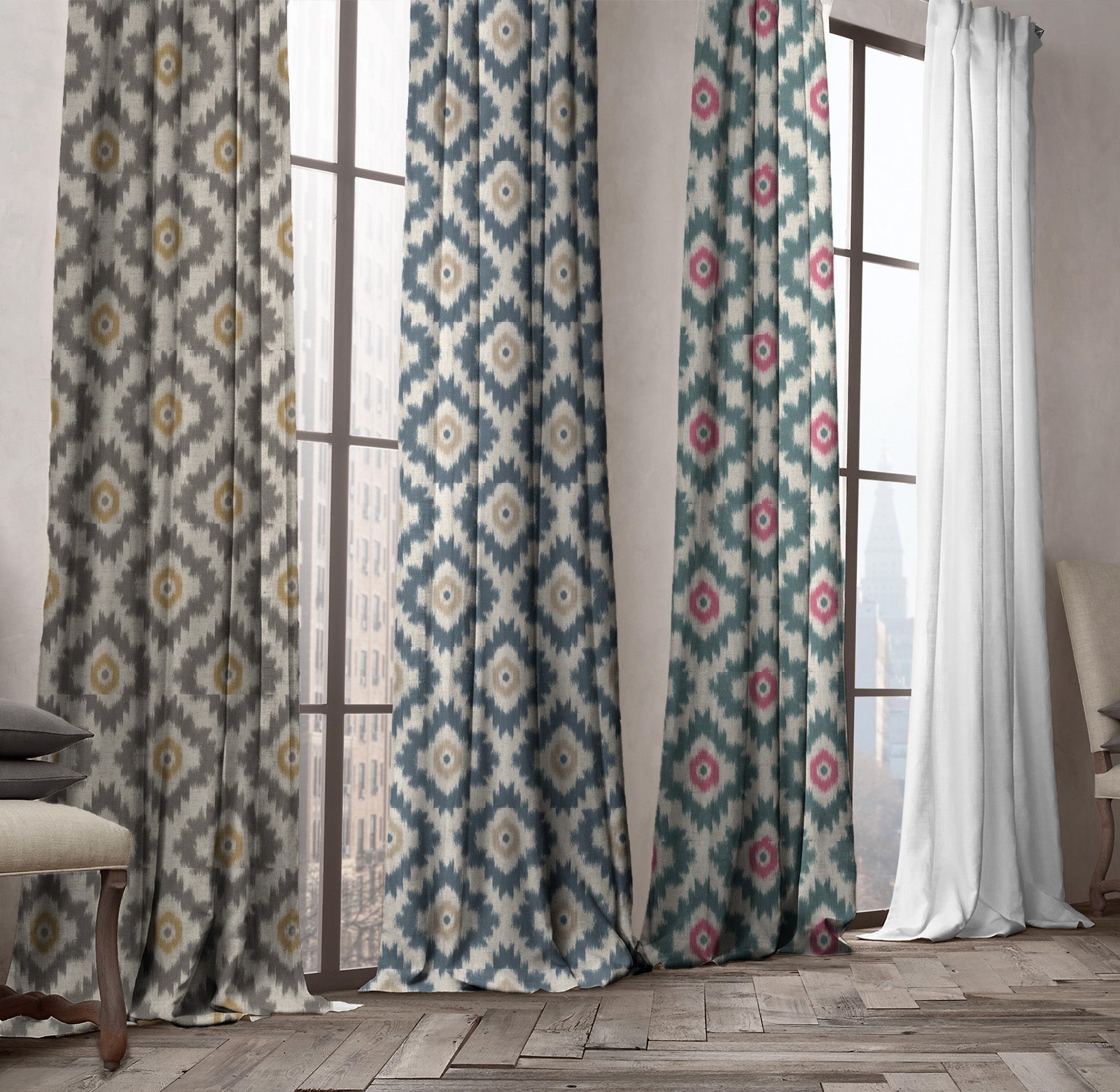 Ikat Cotton Linen Pinch Pleat Curtains - Pink Turq, Natural Blue, Grey Ochre | Made to Measure & Standard Sizes | Blackout & Light Filtering Options