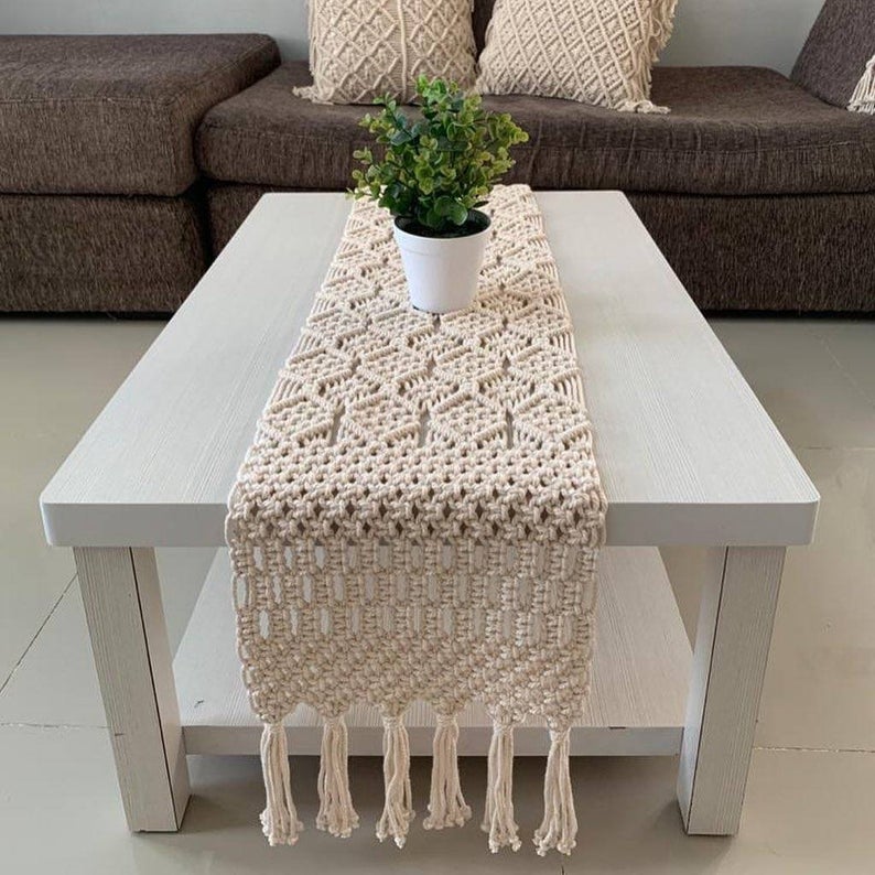 Handmade Cotton Macrame Table Runner | Natural Beige Diamond Pattern Boho Runner | 14x72