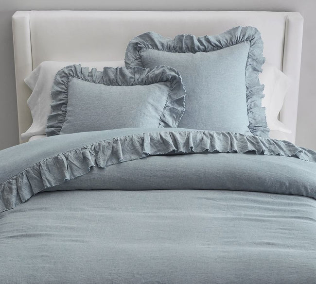 Sky Blue - 100% Pure Linen | Linen Cotton Mix | 3 Piece Ruffle Duvet Cover Set | Handmade | Pre-washed | Soft-0