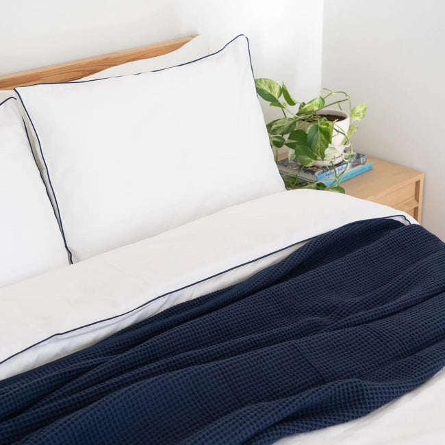 White with Navy Blue Piping  - Pure Cotton, Pure Linen or Linen Cotton Mix | 3 Piece Piped Duvet Cover Set | Handmade | Pre-washed-0