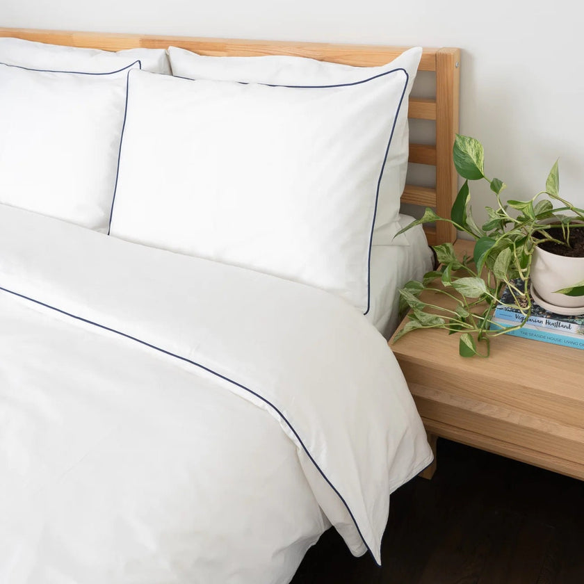 White with Navy Blue Piping  - Pure Cotton, Pure Linen or Linen Cotton Mix | 3 Piece Piped Duvet Cover Set | Handmade | Pre-washed-2