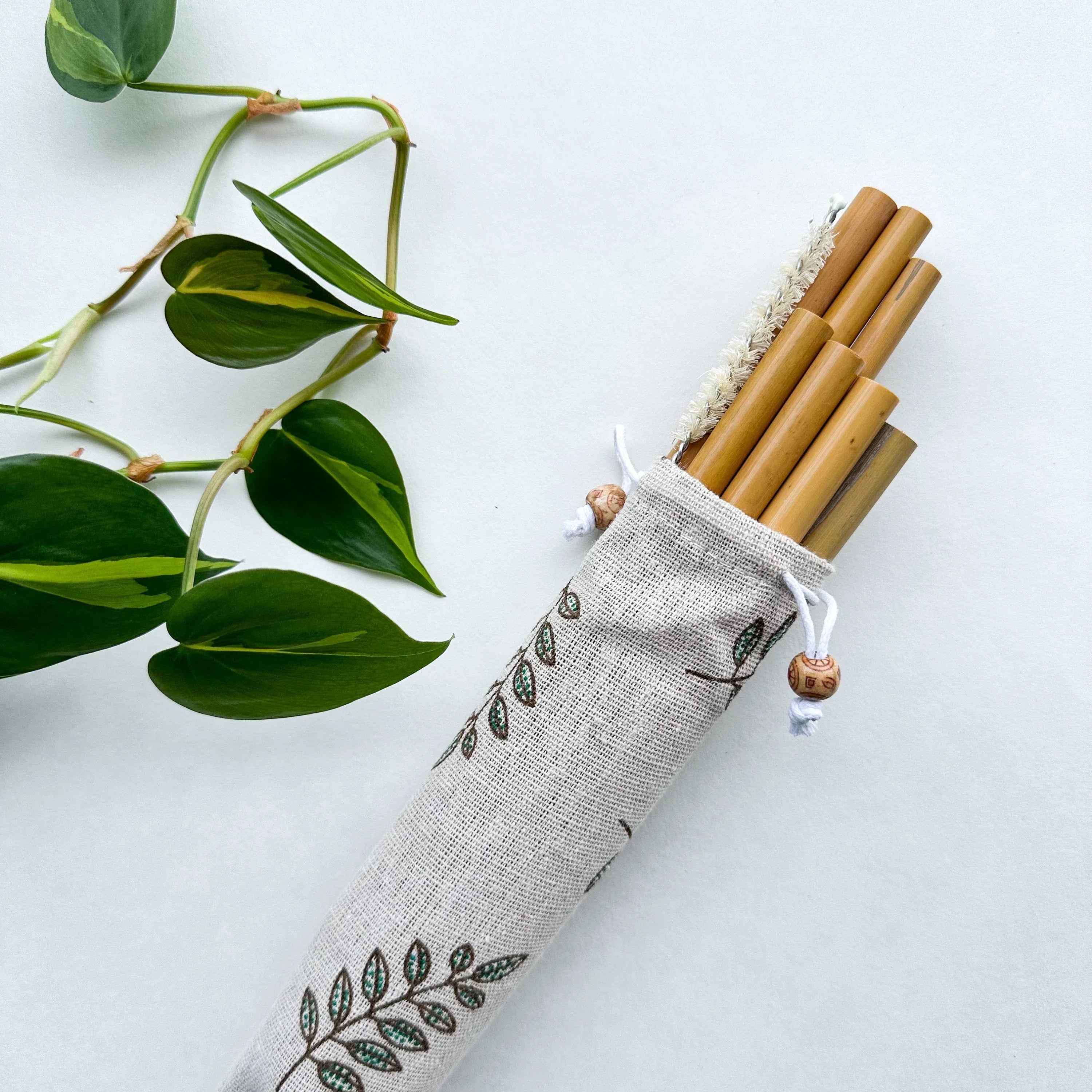 10 Reusable Natural Bamboo Drinking Straw - Zero Waste Biodegradable Straws - Eco Friendly Hemp Cleaning Brush & Sustainable Cotton Bag