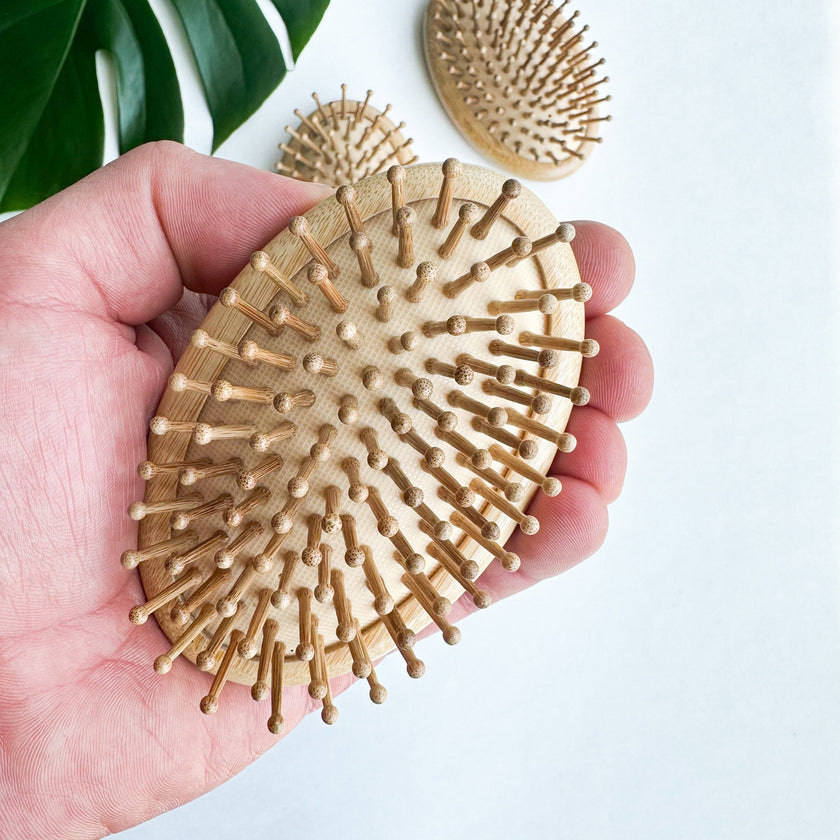 Natural Plastic Free Bamboo Hair & Beard Brush - Eco Friendly Biodegradable Detangling Bamboo Travel Brush - Zero Waste Bamboo Handheld Brush