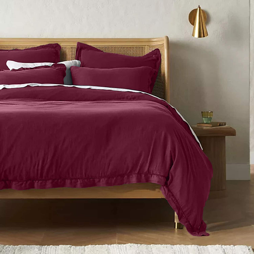 Embroidered Edge Berry 100% Pure Linen | Linen Cotton Mix | 3 Piece Duvet Cover Set | 4 Piece Sheet Set | Handmade | Pre-washed | Soft-0