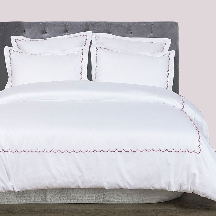 White with Bubblegum Pink - Cotton Sateen, Pure Linen, Linen Cotton Mix | 3 Piece Embroidered Edge Duvet Cover Set | Handmade | Pre-washed-0