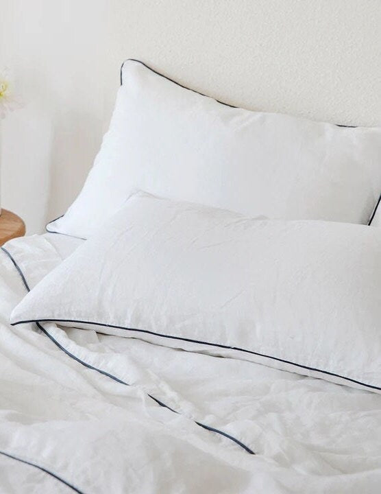 White with Navy Piping  - 100% Pure Linen or Linen Cotton | 3 Piece Piped Duvet Cover Set | Handmade | Pre-washed-1