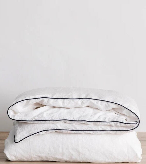 White with Navy Piping  - 100% Pure Linen or Linen Cotton | 3 Piece Piped Duvet Cover Set | Handmade | Pre-washed-2