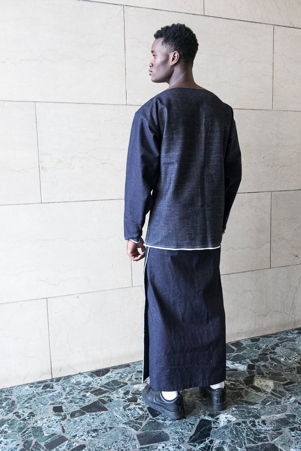Extra-long denim wrap skirt