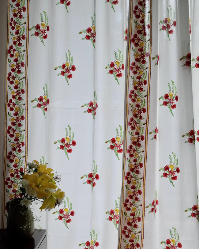 White & Red Hand Block Printed Linen Curtains | Gulmohar Flower Design
