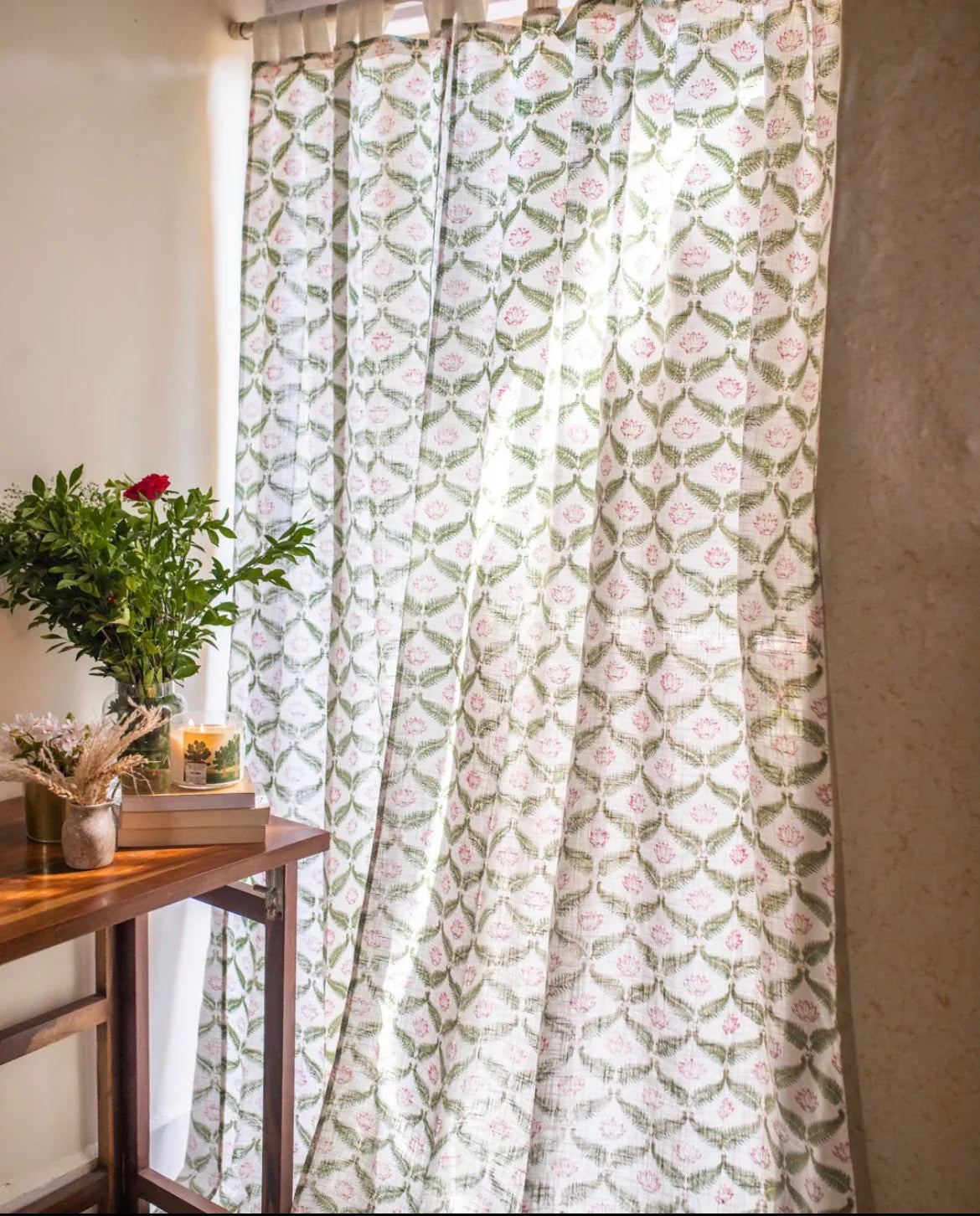 White & Green Hand Block Printed Linen Curtains | Lotus & Jaal Design