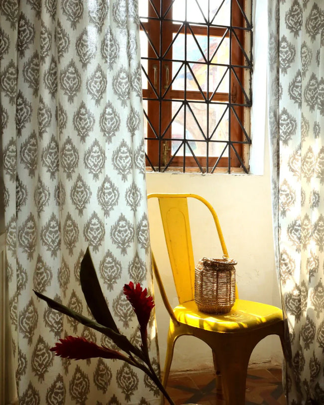 White & Grey Ikat Hand Block Printed Linen Curtains | Standard & Custom Sizing