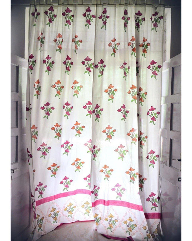 White & Pink Hand Block Printed Linen Curtains | Bougainvillea Design