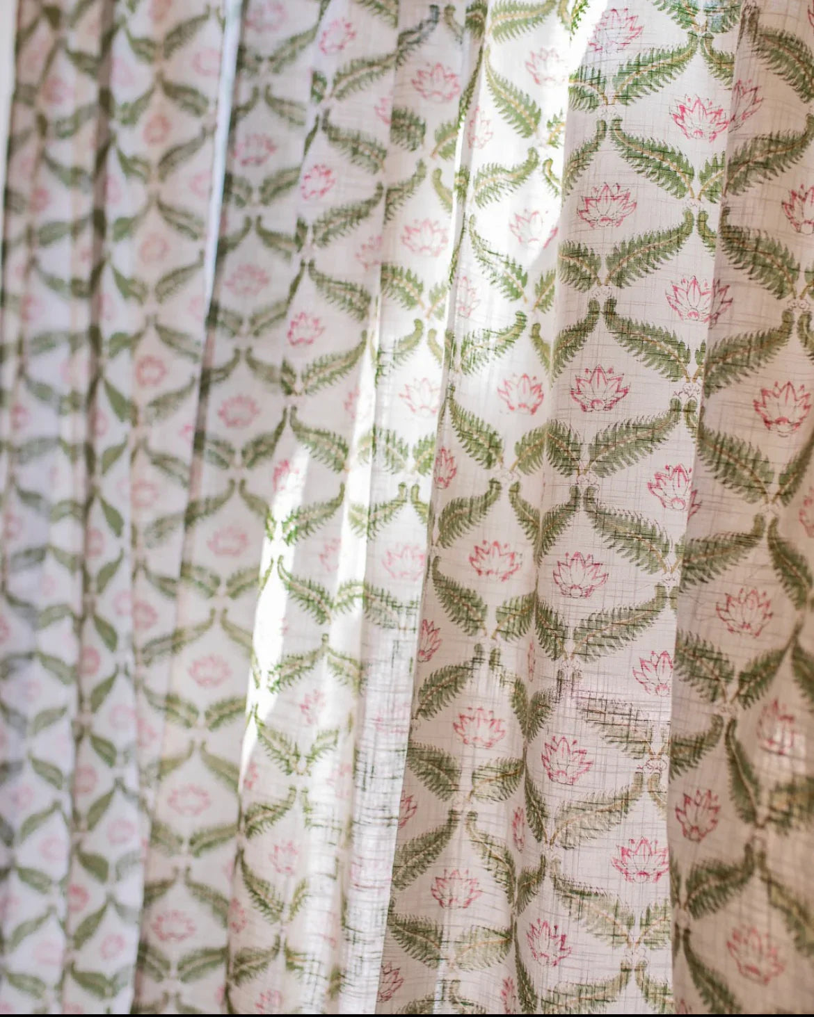White & Green Hand Block Printed Linen Curtains | Lotus & Jaal Design