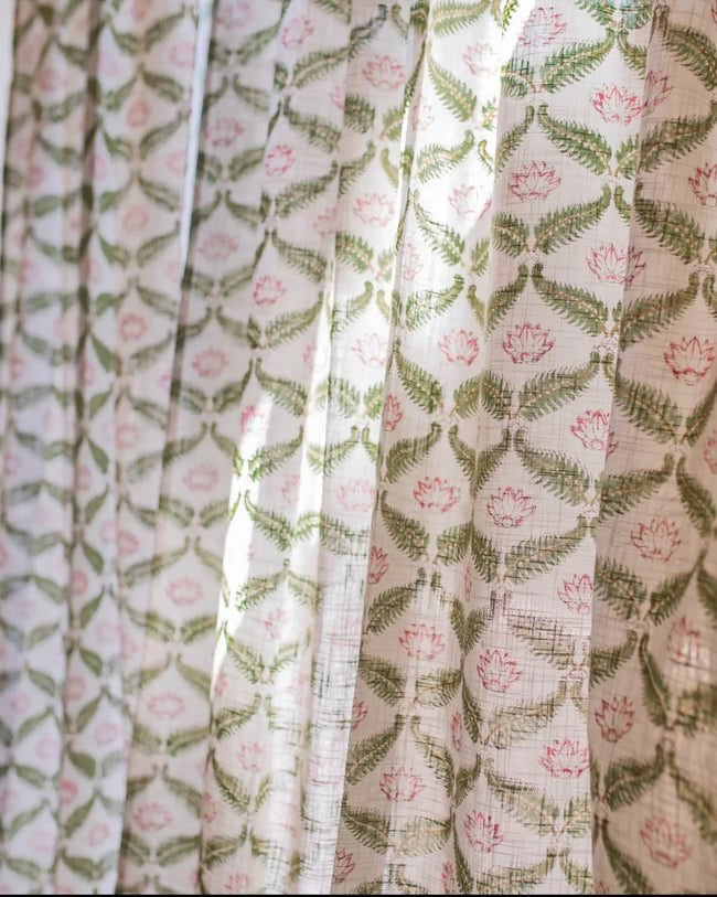 White & Green Hand Block Printed Linen Curtains | Lotus & Jaal Design