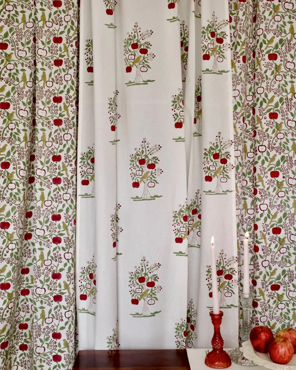 White & Red Hand Block Printed Linen Curtains | Apple & Bird Design