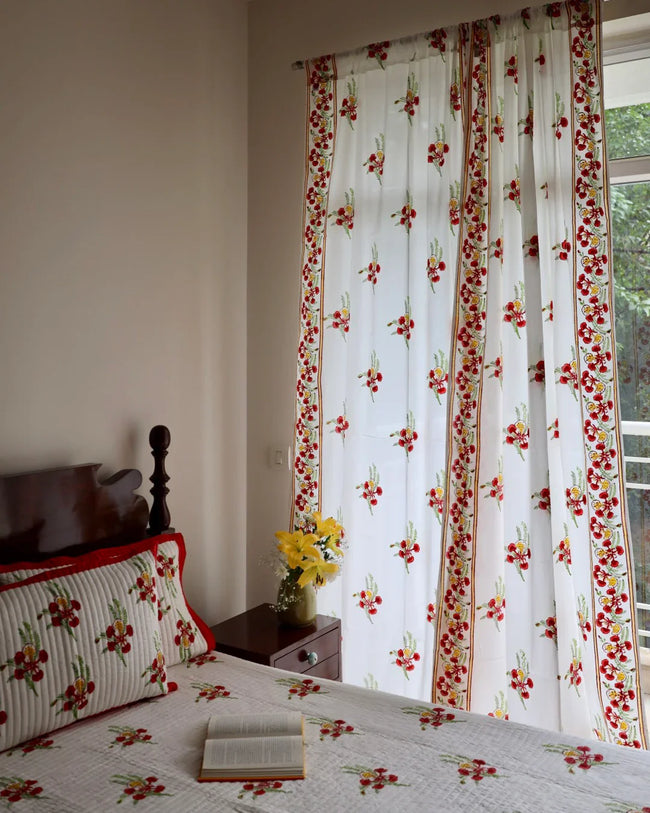 White & Red Hand Block Printed Linen Curtains | Gulmohar Flower Design