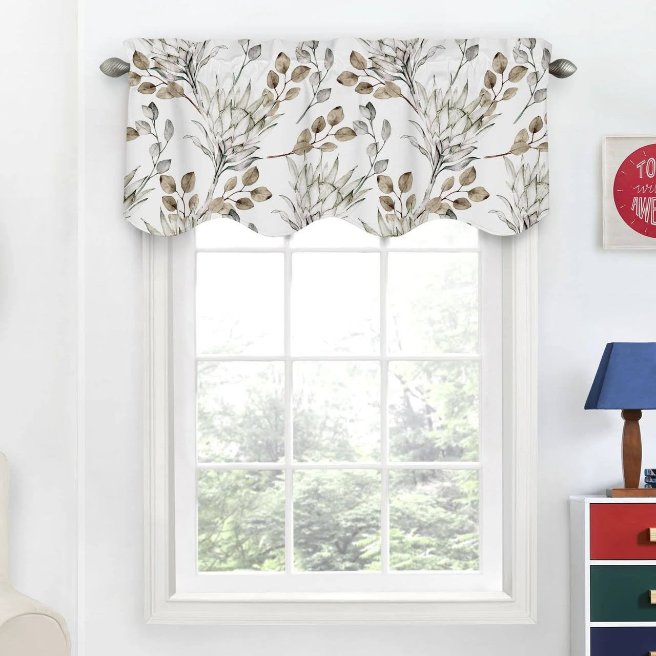 Watercolor Leaf Linen Valance Curtain - Brown Earth Tone Botanical Window