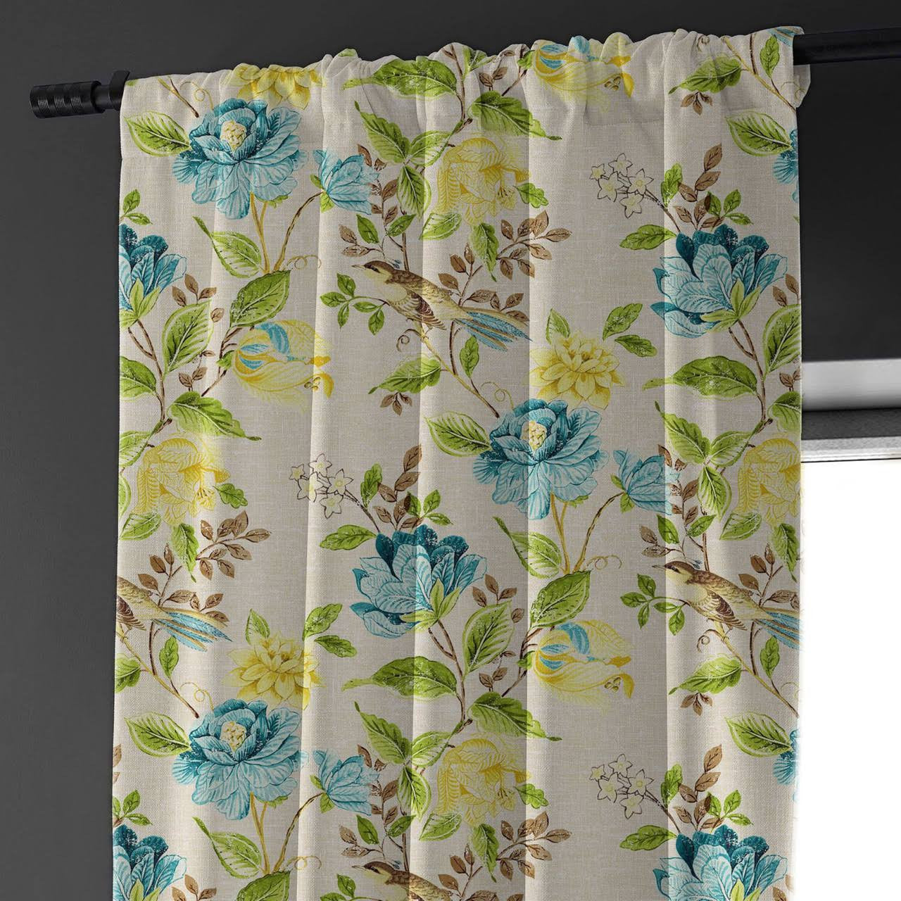 Cream Green Blue Floral & Bird Print Curtains | Organic Cotton Linen | Blackout/Light Filtering | Made to Measure