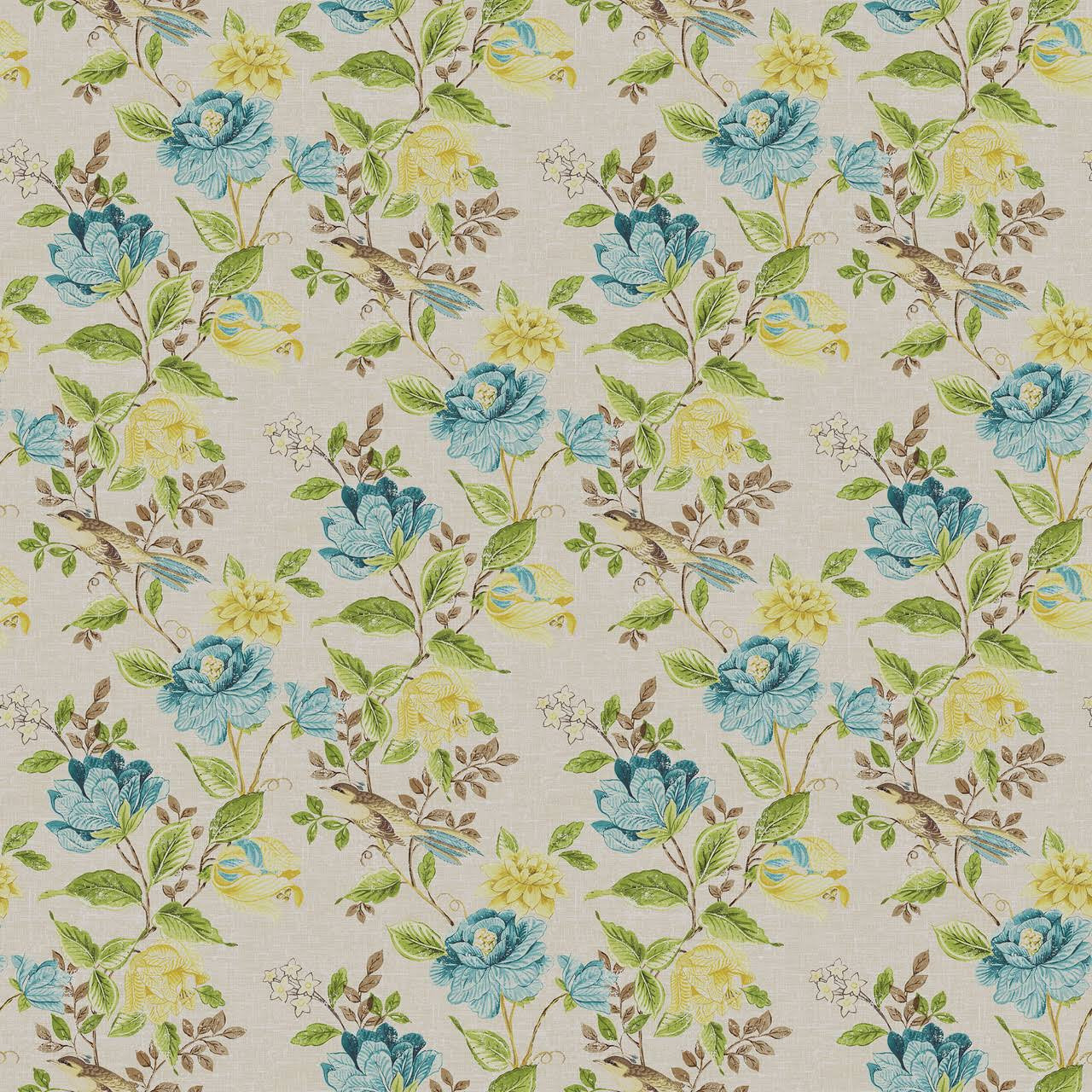 Cream Green Blue Floral & Bird Print Curtains | Organic Cotton Linen | Blackout/Light Filtering | Made to Measure