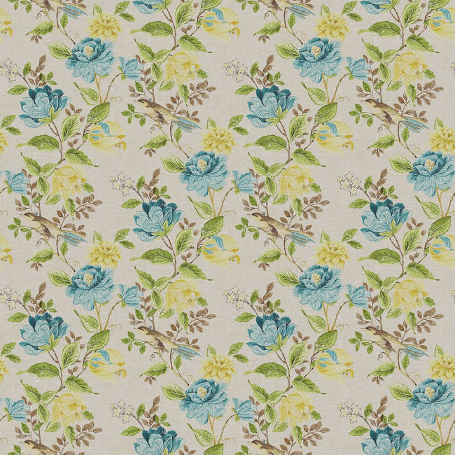 Cream Green Blue Floral & Bird Print Curtains | Organic Cotton Linen | Blackout/Light Filtering | Made to Measure