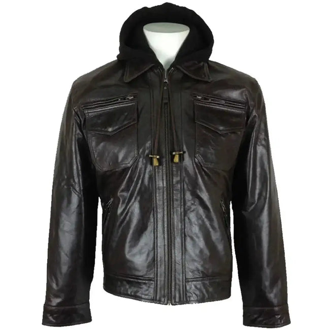 Men's Fashion Brown Hooded Real Leather Jacket-0