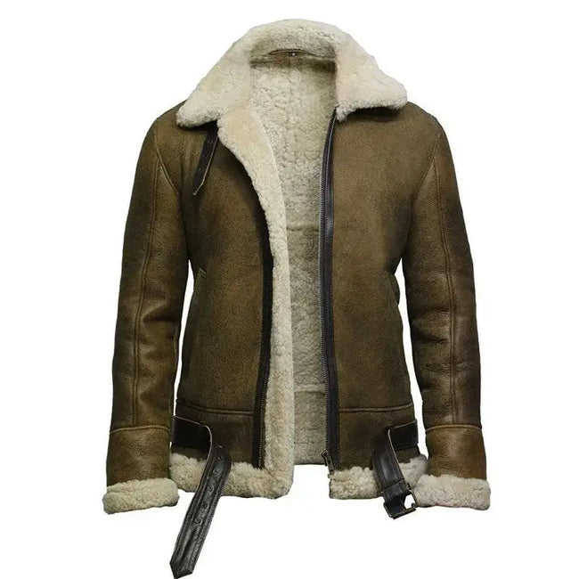 Men’s Flying Bomber Sheepskin Leather Shearling Aviator Jacket-0