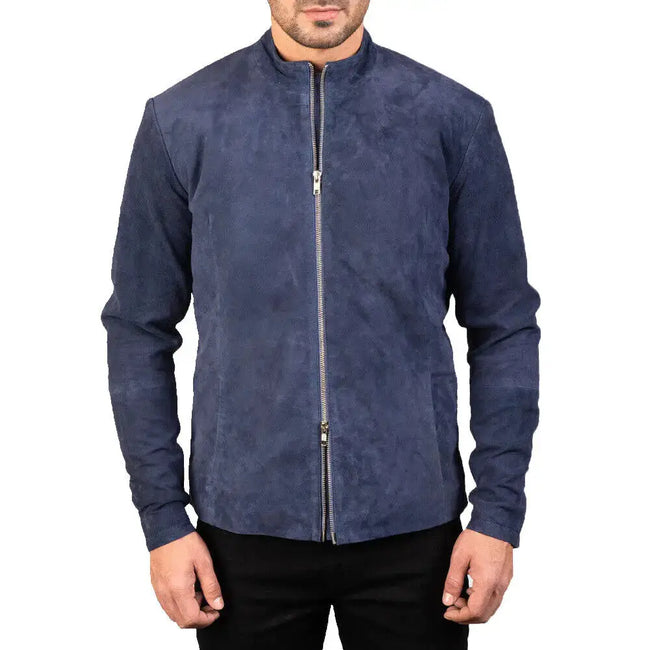 Men's Navy Blue Suede Biker Jacket-0