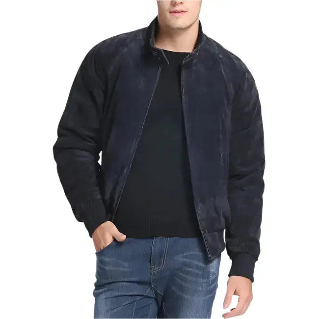 Men's Navy Blue Suede Bomber Leather Jacket-0
