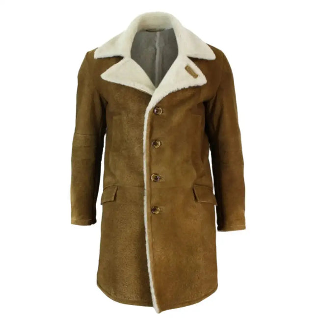 Men’s Vintage Tan Brown Shearling Sheepskin Overcoat-0