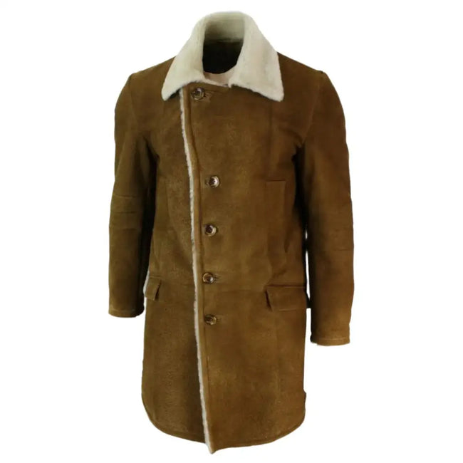 Men’s Vintage Tan Brown Shearling Sheepskin Overcoat-1