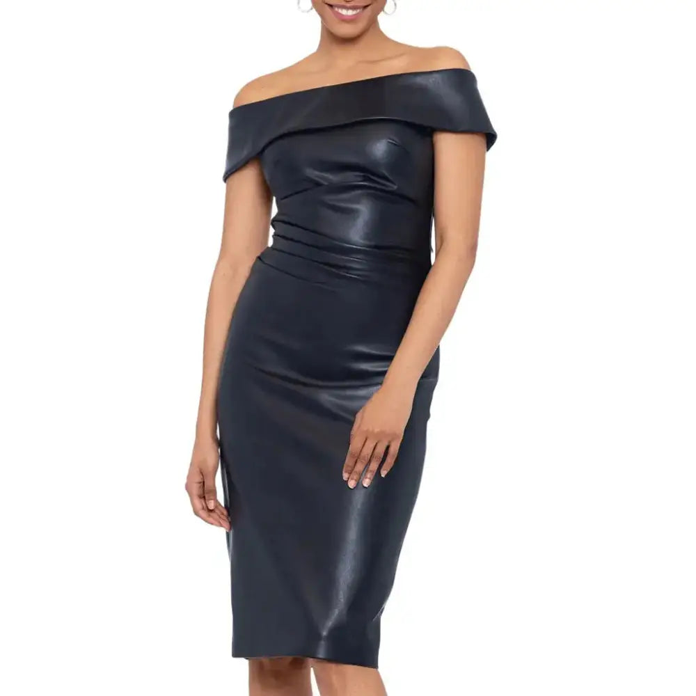 Women’s Off-The-Shoulder Black Leather Cocktail Dress-0