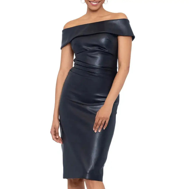 Women’s Off-The-Shoulder Black Leather Cocktail Dress-0